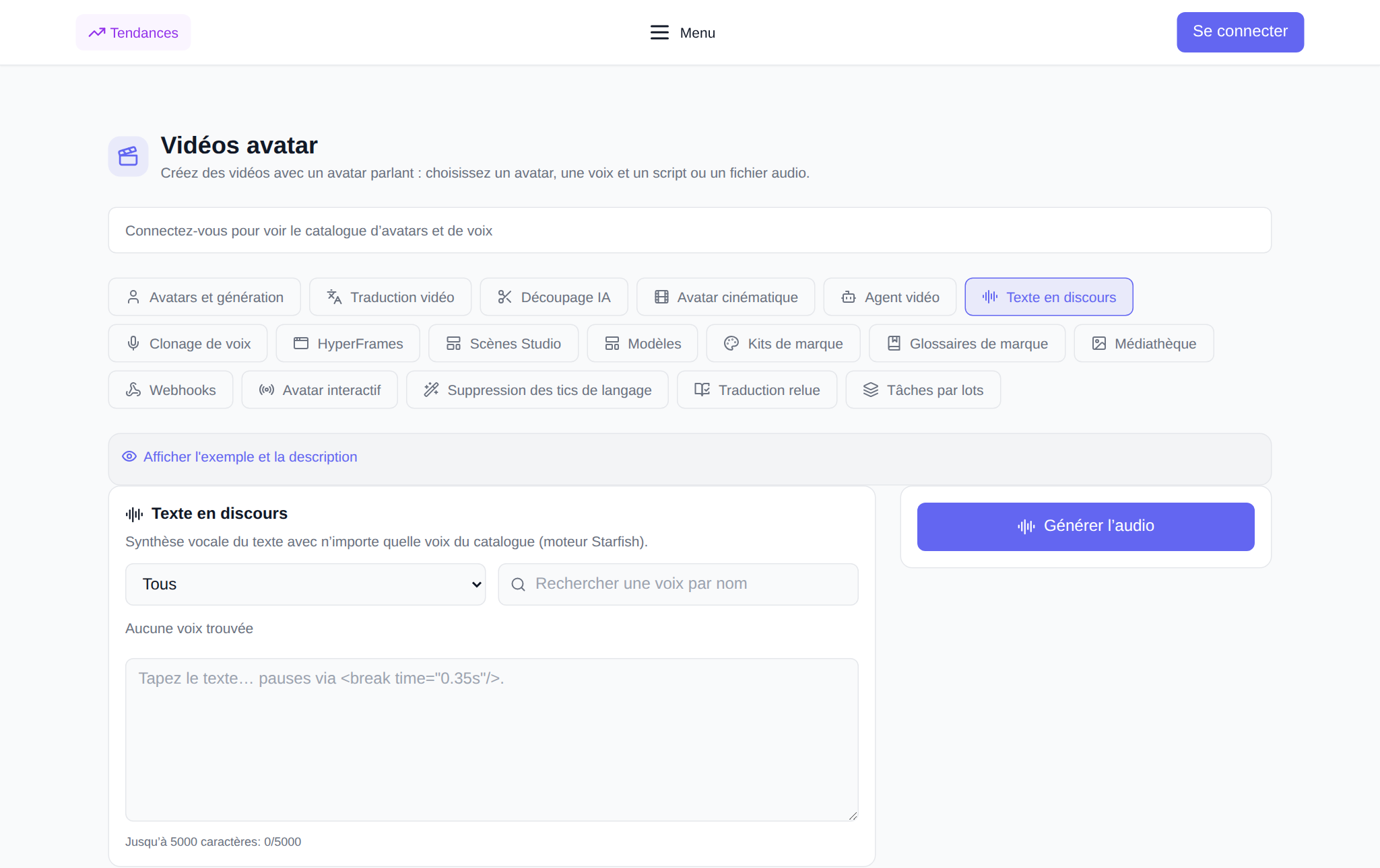 Section « Avatars vidéo » NeuralSpace, onglet « Voix off texte » : filtre par langue et recherche vocale, liste des voix avec bouton d'écoute, champ de texte, vitesse et bouton « Voix »