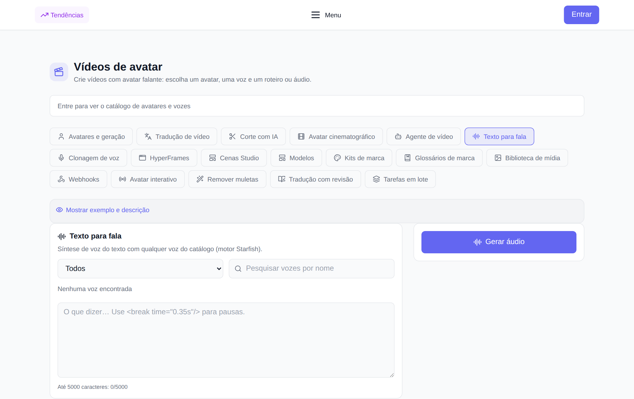 Seção “Avatares de vídeo” NeuralSpace, guia “Voiceover de texto”: filtro por idioma e pesquisa por voz, lista de vozes com botão de escuta, campo de texto, velocidade e botão “Voz”