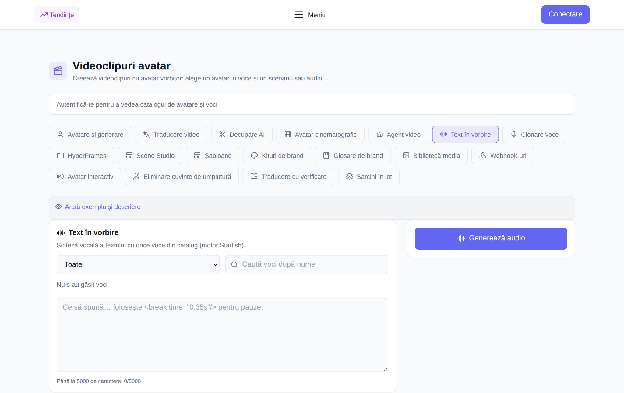 Secțiunea „Avatare video” NeuralSpace, fila „Text Voiceover”: filtrează după limbă și căutare vocală, listă de voci cu un buton de ascultare, câmp de text, viteză și butonul „Voce”
