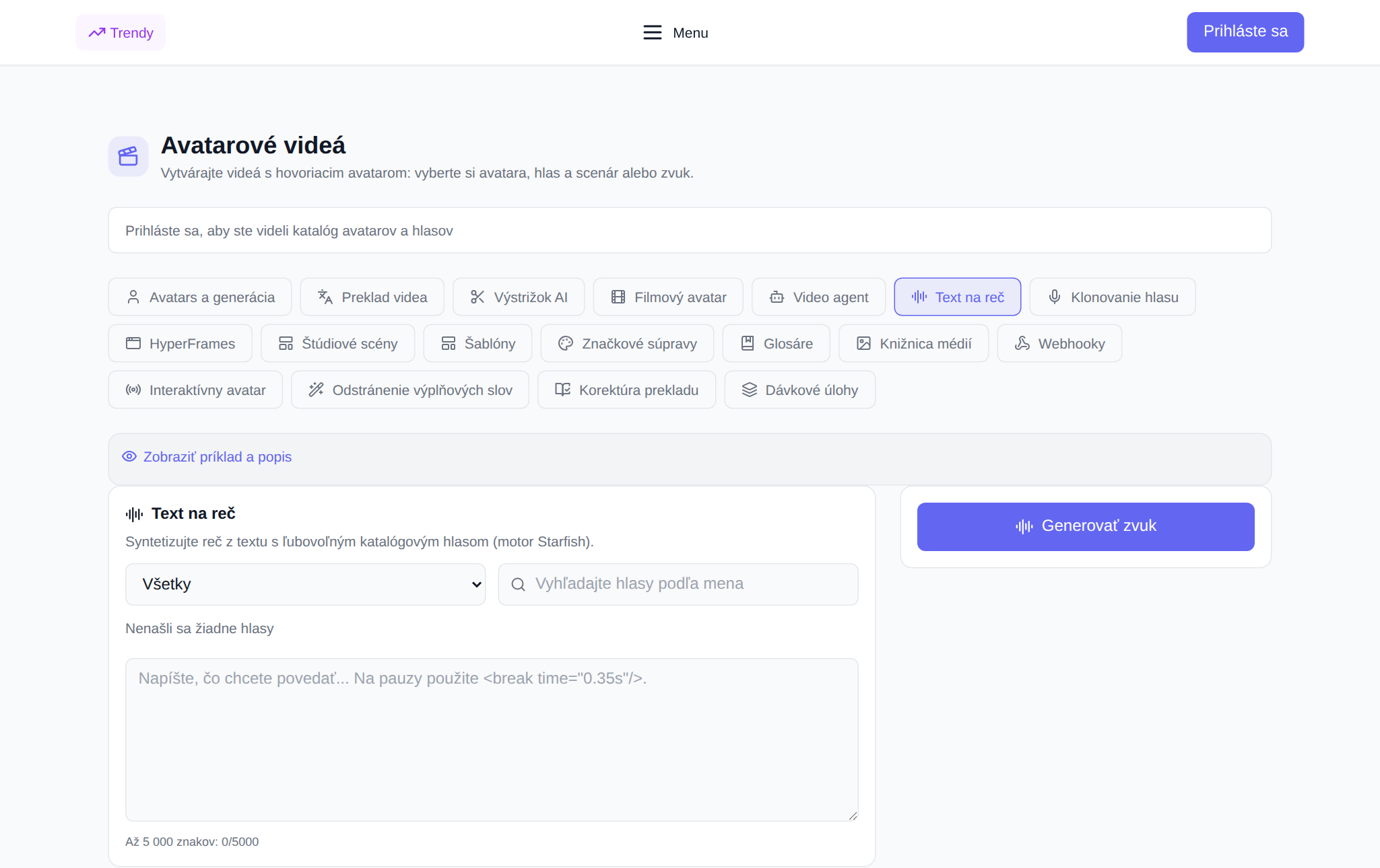 Sekcia „Video Avatars“ NeuralSpace, karta „Text Voiceover“: filtrovanie podľa jazyka a hlasového vyhľadávania, zoznam hlasov s tlačidlom počúvania, textové pole, rýchlosť a tlačidlo „Hlas“