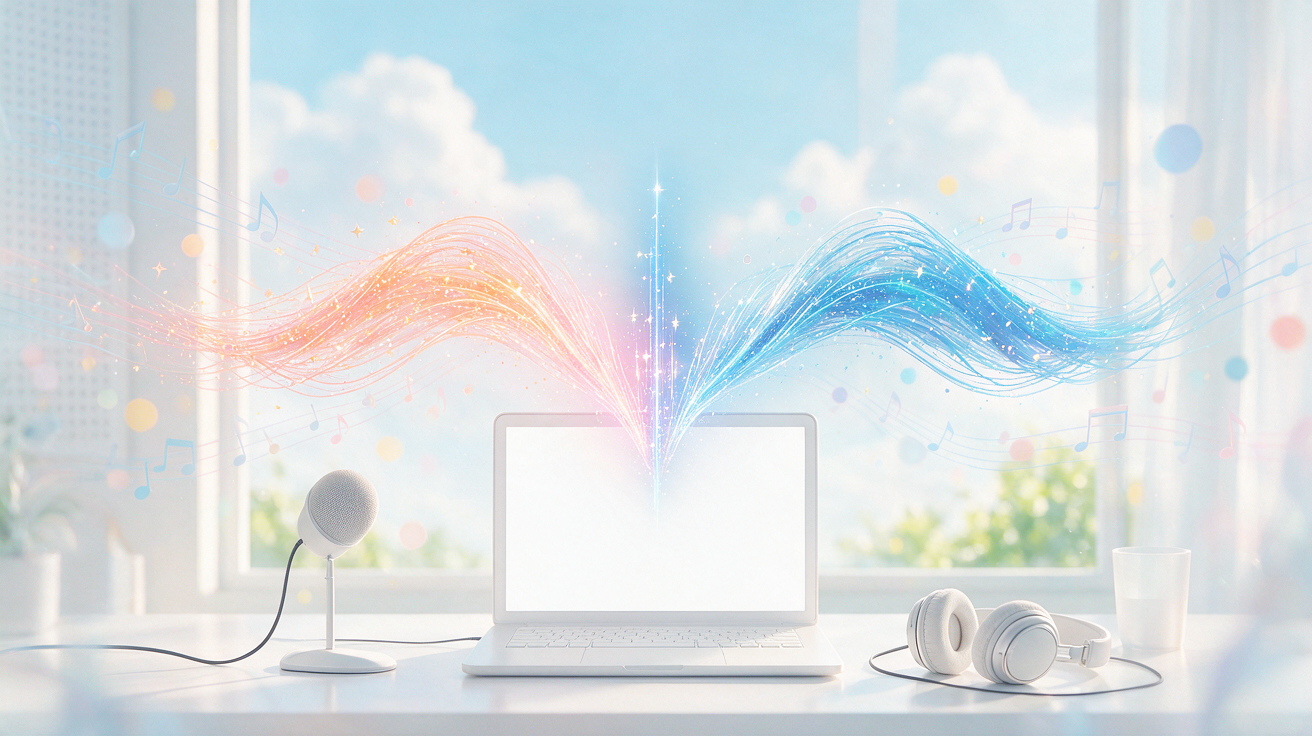 Bright music studio: on a laptop screen an audio track splits into two colored waves — voice and instrumental, with a microphone and headphones nearby