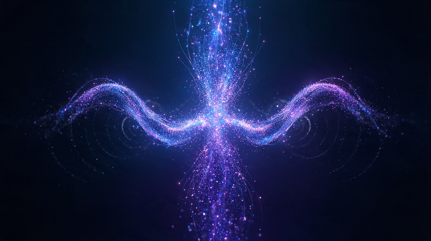 Glowing sound waves folding into a three-dimensional shape of blue and violet particles — a metaphor for a new generation of music model
