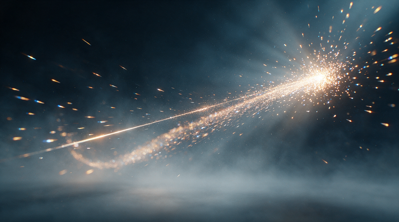 A light stream of musical sparks racing across dark space as a thin bright ribbon — a metaphor for a fast and lightweight model