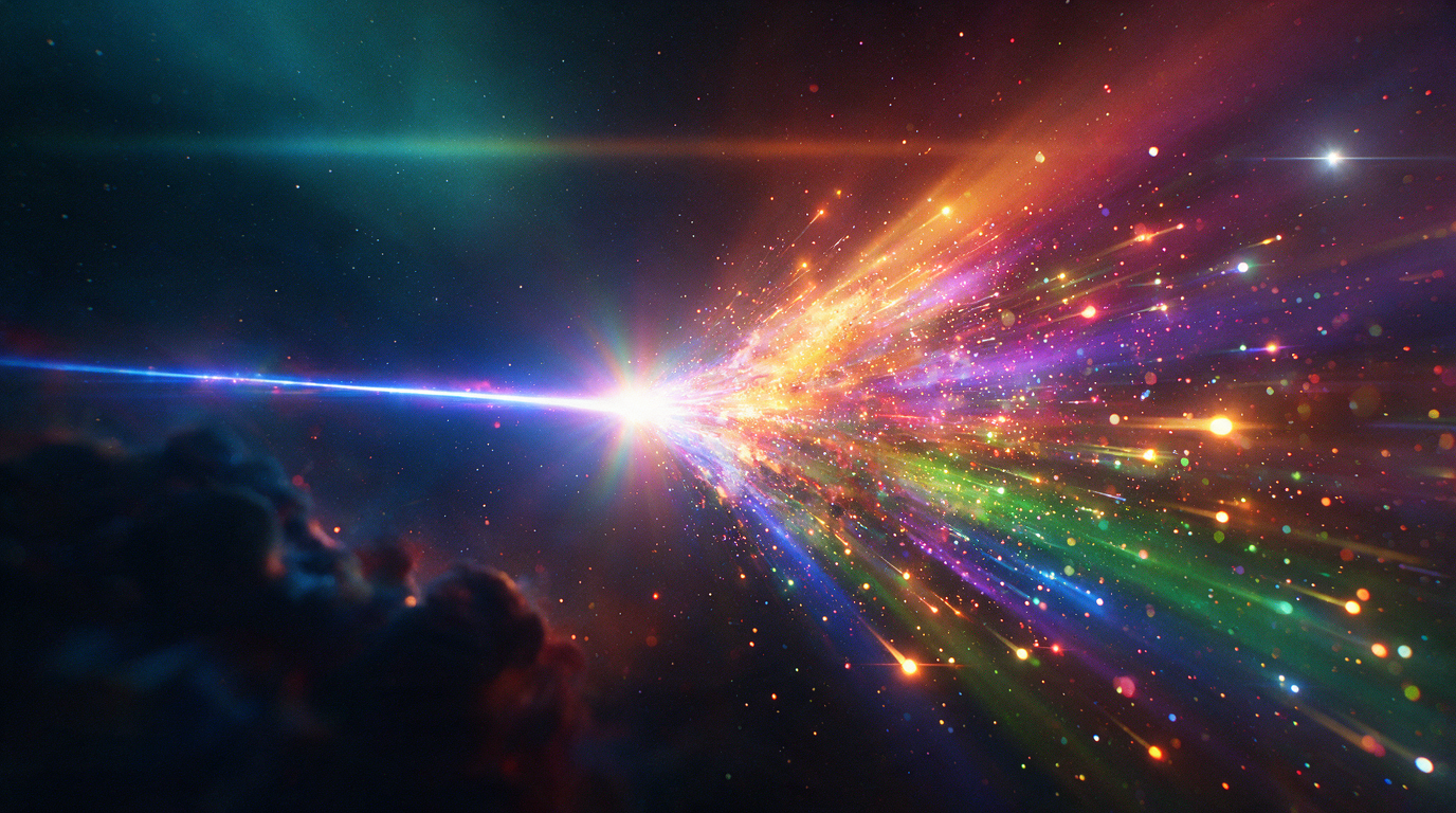 Sound waves bursting into bright multi-colored sparks, leaving the even line behind — a metaphor for a bold experimental sound
