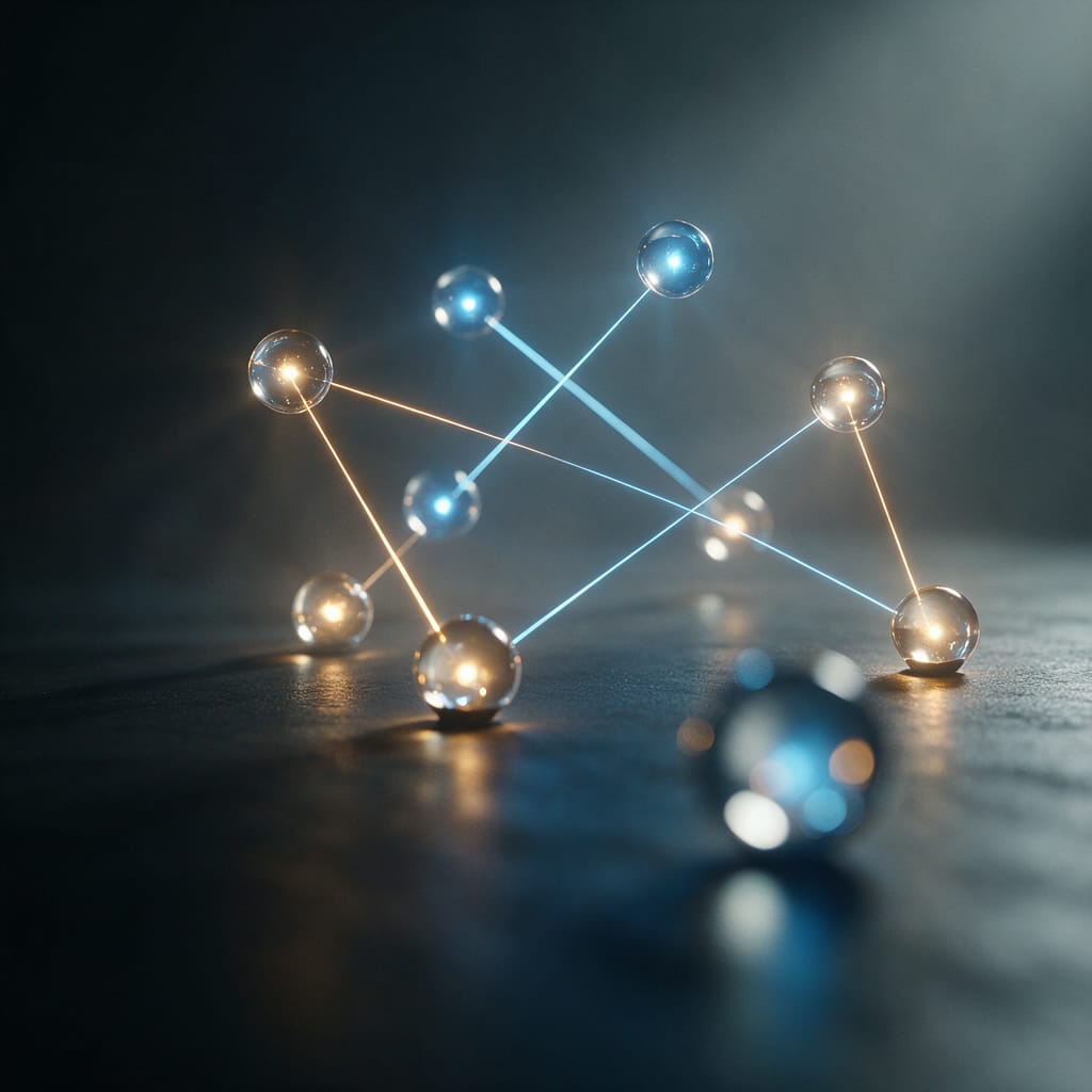 أشكال هندسية زجاجية مضيئة وخطوط طاقة تشكّل بنية رياضية مجردة في مشهد مظلم