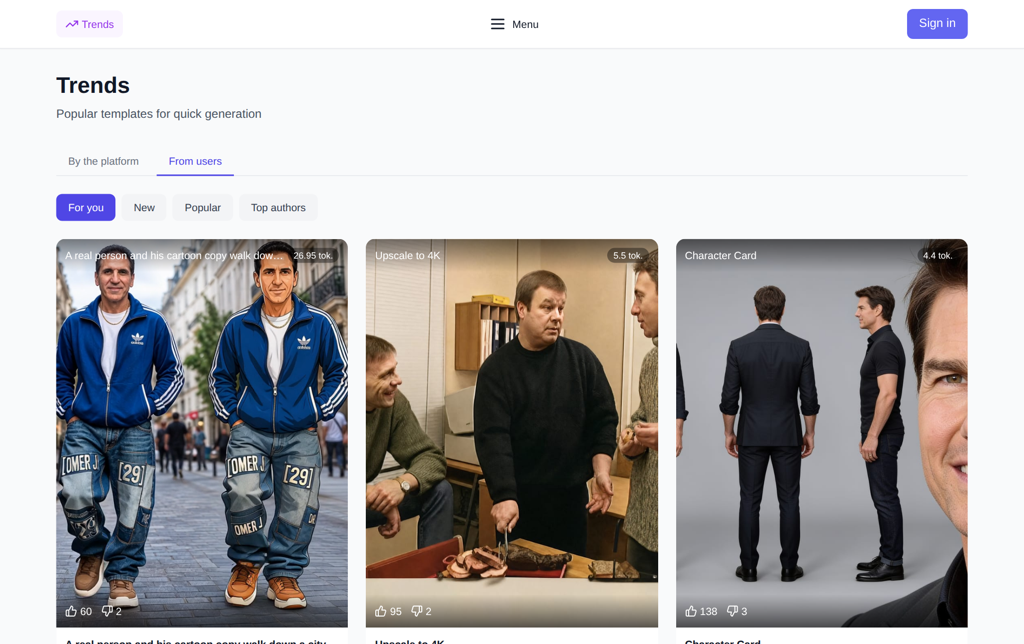 The NeuralSpace trend store: platform and user tabs, cards with token prices
