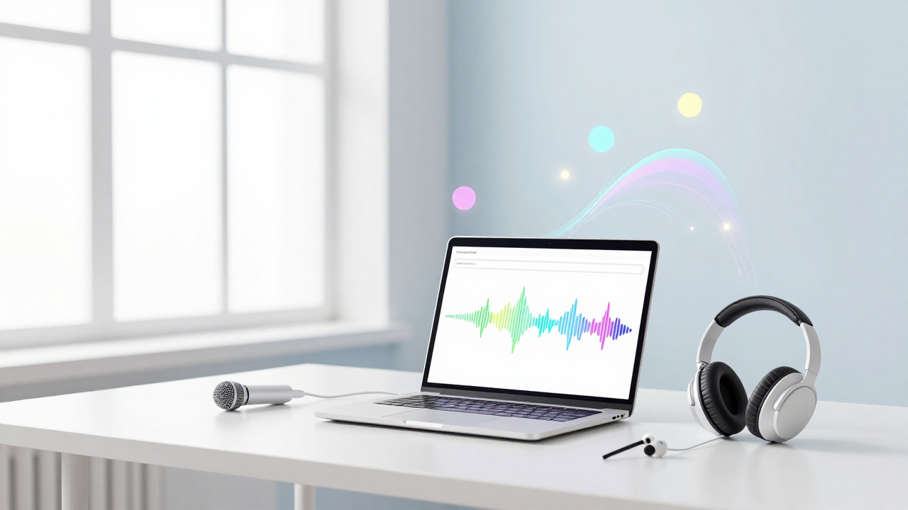 Bright studio: a laptop with an open text-to-speech window, a soft colorful audio waveform and headphones above it, pastel highlights
