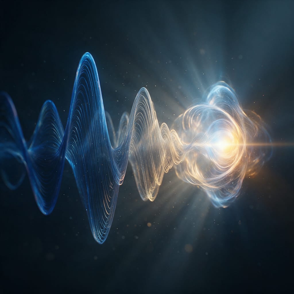 A glowing sound wave turning into abstract shapes