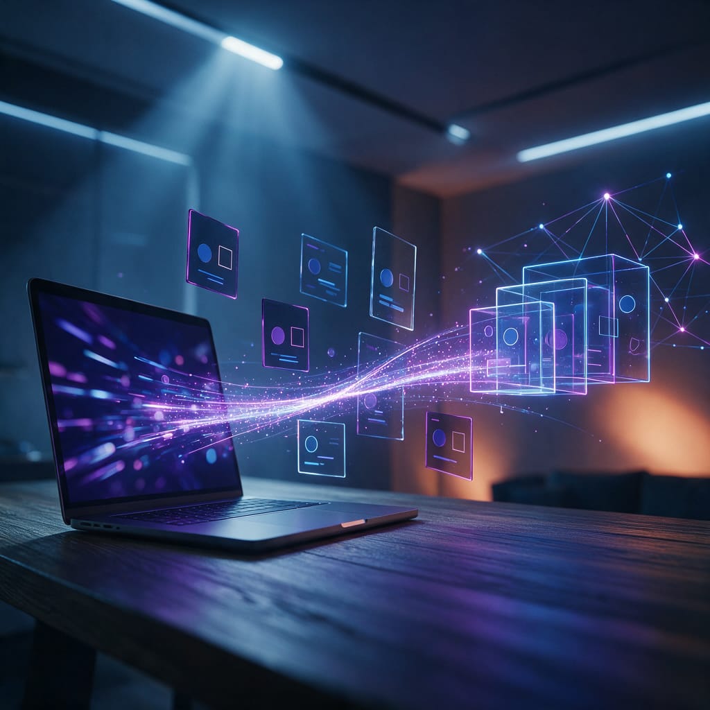حاسوب محمول ومخططات مضيئة مجردة تمثل الطريق من الفكرة إلى مشروع ويب