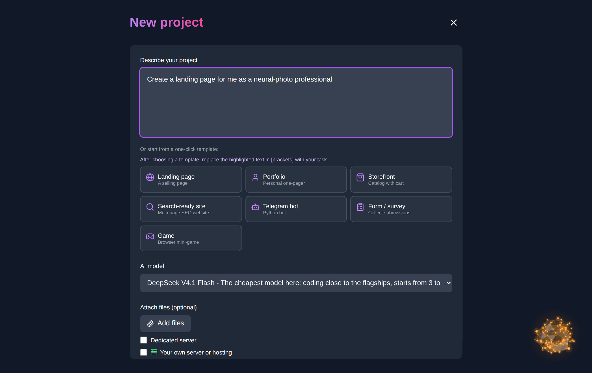 Die NeuralSpace Vibe-Coding-Seite mit einem Feld zur Beschreibung eines zukünftigen Projekts