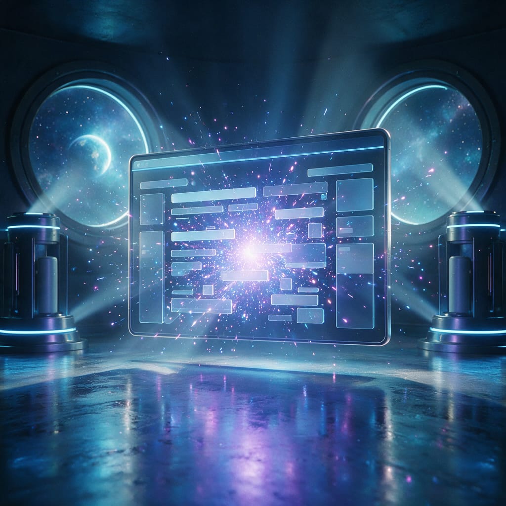 A glowing browser window assembling a working web app from interface blocks and particles of light