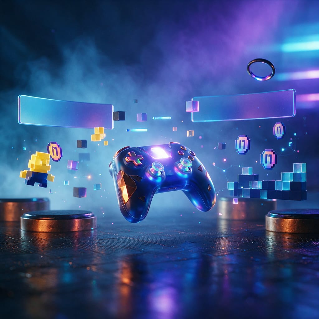 A glowing game controller and floating pixel blocks assembling into a browser mini-game