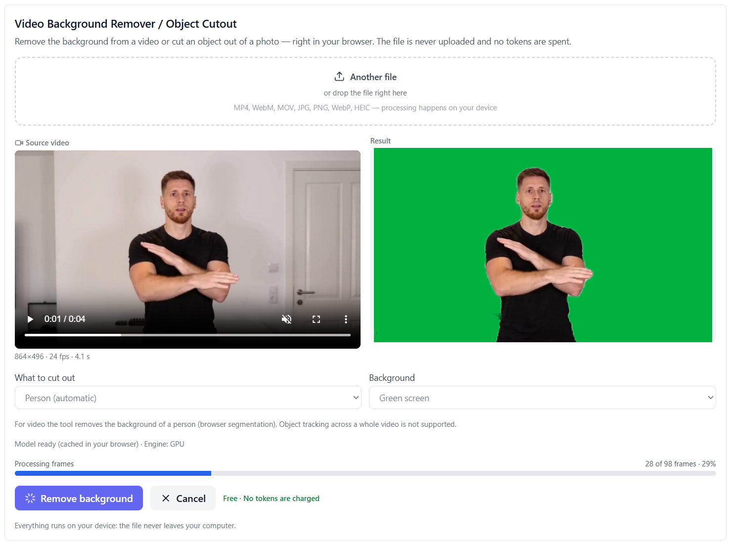Video szakasz: A video háttér (ingyenes) eltávolítása eszköz a modellek leírásának alján, a fájlkiválasztás, a vágási mód és a háttér