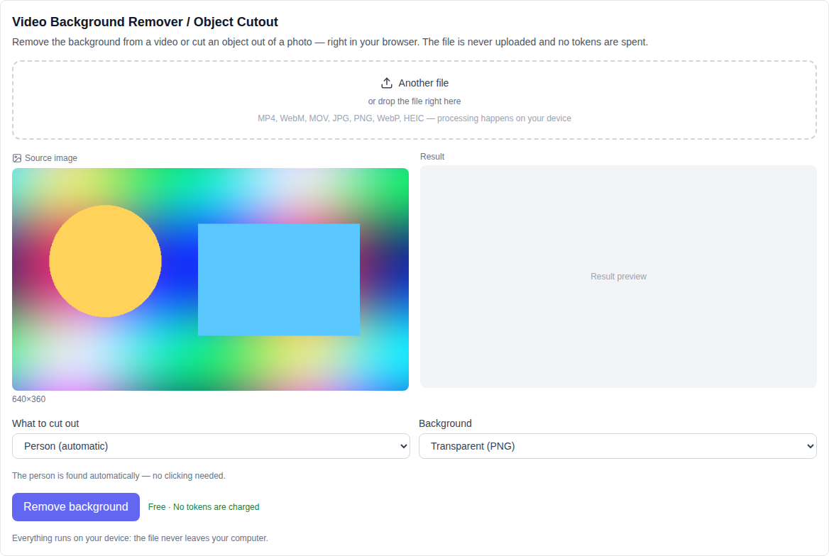 Video section: the Video Background Remover (free) tool selected at the bottom of the model list, with file, cutout mode and background fields