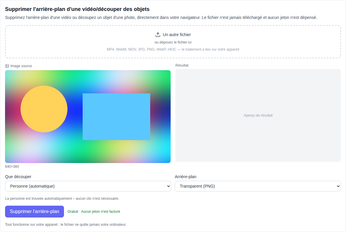 Section Vidéo: outil Supprimer l'arrière-plan vidéo (gratuit) sélectionné en bas de la liste des modèles, sélection de fichiers, mode de coupé et arrière-plan