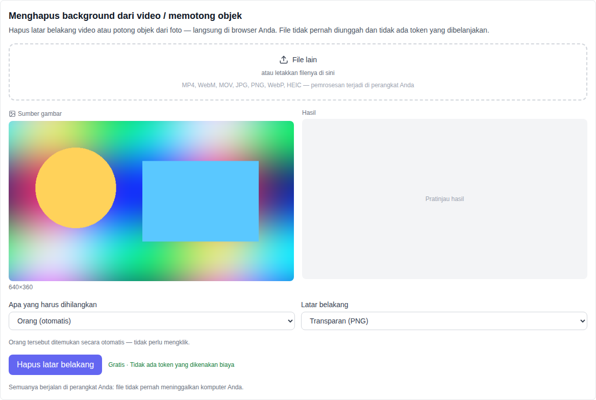 Bagian Video: Alat Hapus Latar Belakang Video (Gratis) yang dipilih di bagian bawah daftar model, pemilihan file, mode potong, dan latar belakang