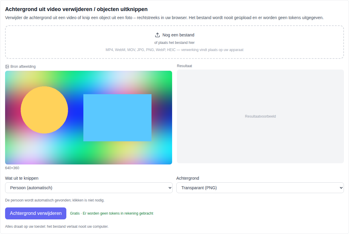 Videosectie: Tool Video-achtergrond verwijderen (gratis) geselecteerde de lijst met modellen, bestandsselectie, knipmodus en achtergrond