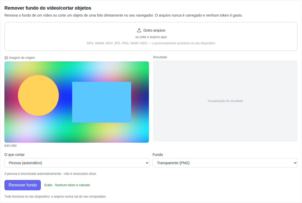 Seção de vídeo: ferramenta Removedor de fundo de vídeo (gratuita) selecionada na parte inferior da lista de modelos, seleção de arquivo, modo de corte e fundo
