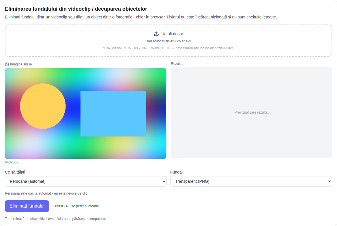 Secțiunea video: instrumentul Eliminați fundalul video (gratuit) selectat în partea de jos a listei de modele, selecția fișierelor, modul de tăiere și fundal