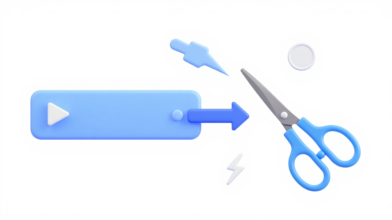Bright airy studio: a strip of video frames and neat format badges, scissors and a progress bar beside them, soft bright highlights
