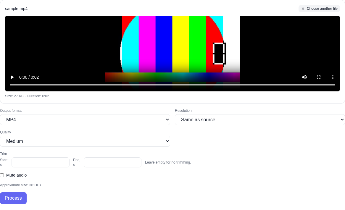 The Other Tools page: the Video Converter & Trimmer (free) tool with a loaded video, output format, resolution and quality selectors and the process button
