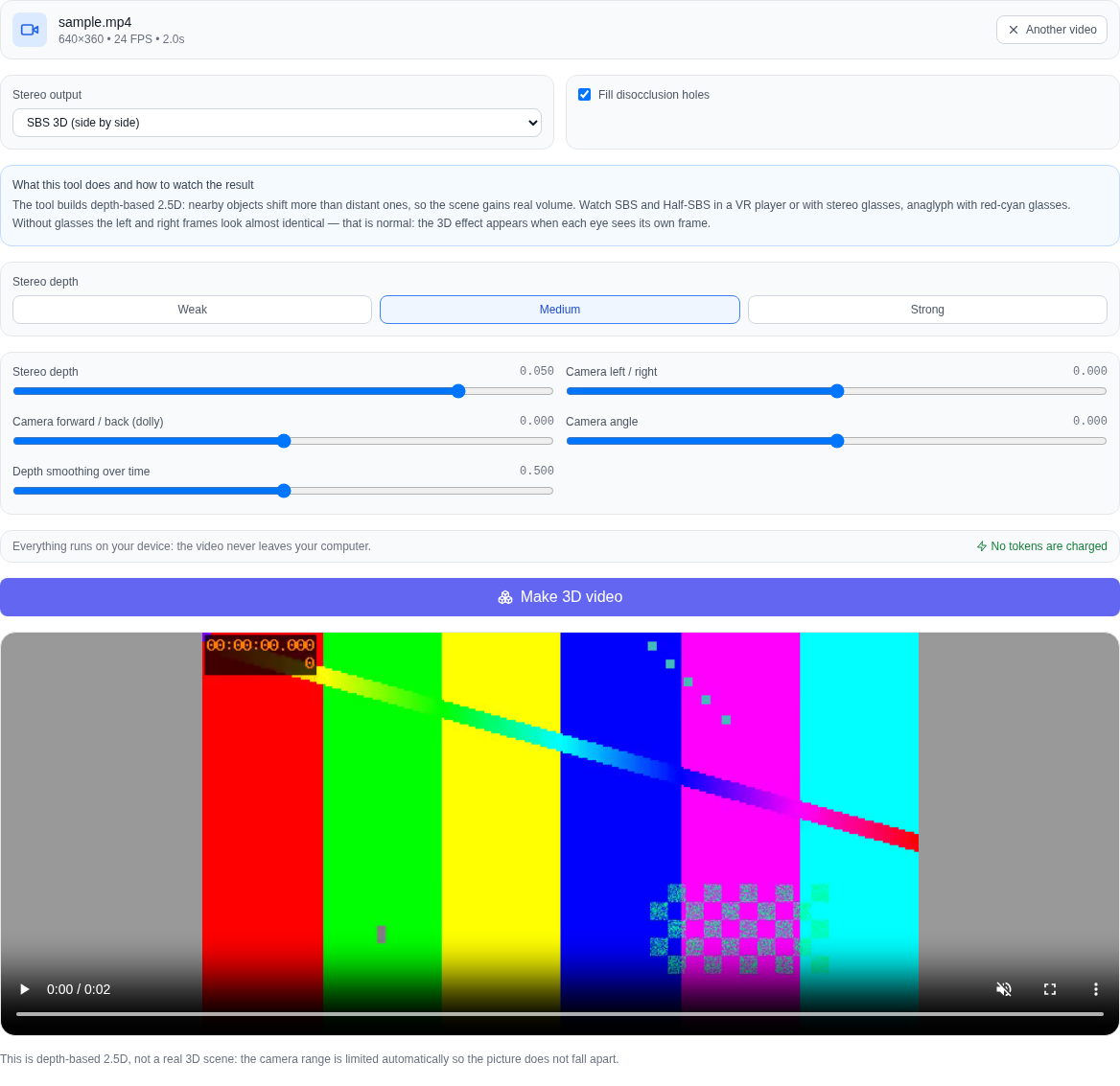 Videosektion: Video til 3D / Stereo / Camera Move (gratis) værktøj med en indlæst video, stereoudgangsvælger, styrkeforudindstillinger og skydere