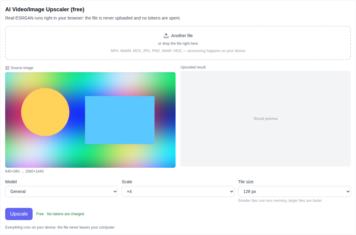 Video section: the AI Video/Image Upscaler (free) tool selected at the bottom of the model list, with file, model, scale and tile size fields