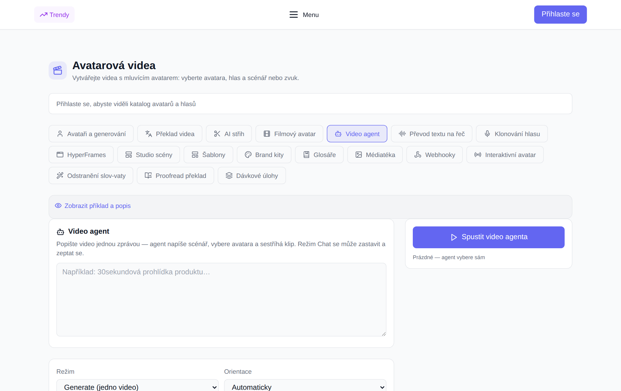 Sekce „Video Avatars“ NeuralSpace, karta „Video Agent“: pole popisu videa, výběr režimu, orientace, stylu, avatara a hlasu, tlačítko Start a historie relace