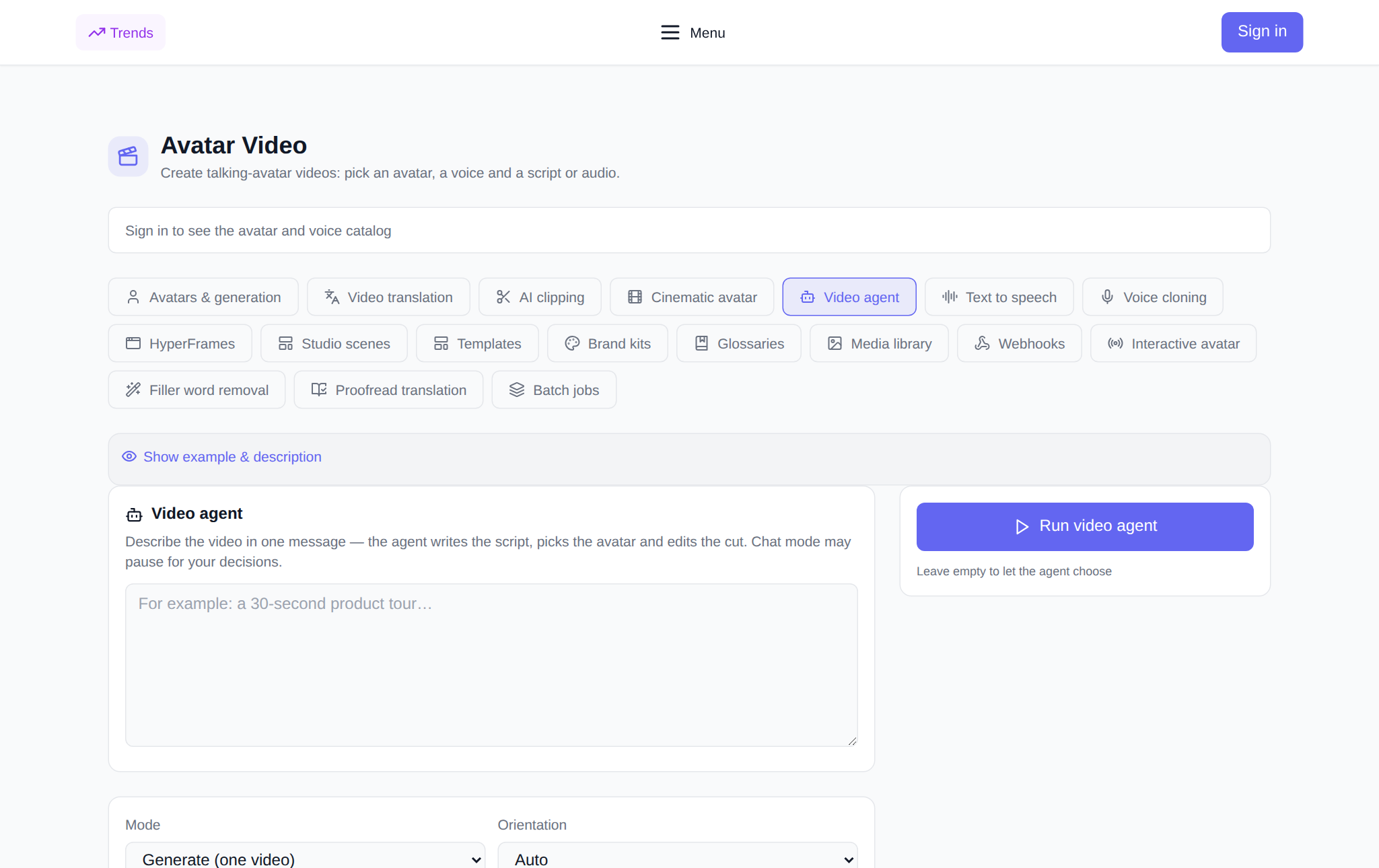 The NeuralSpace Video avatars section, Video agent tab: video description field, mode, orientation, style, avatar and voice pickers, launch button and session history