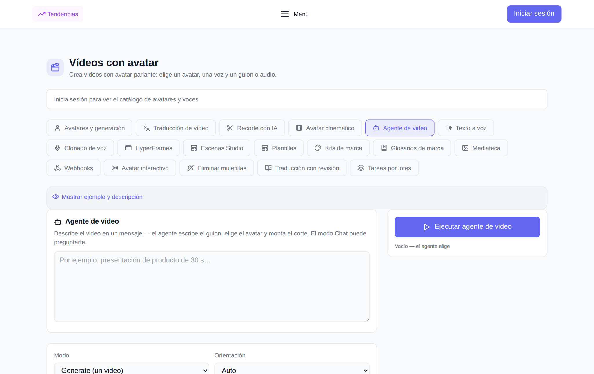 Sección “Video Avatars” NeuralSpace, pestaña “Video Agent”: campo de descripción del video, selección de modo, orientación, estilo, avatar y voz, botón de inicio e historial de sesión