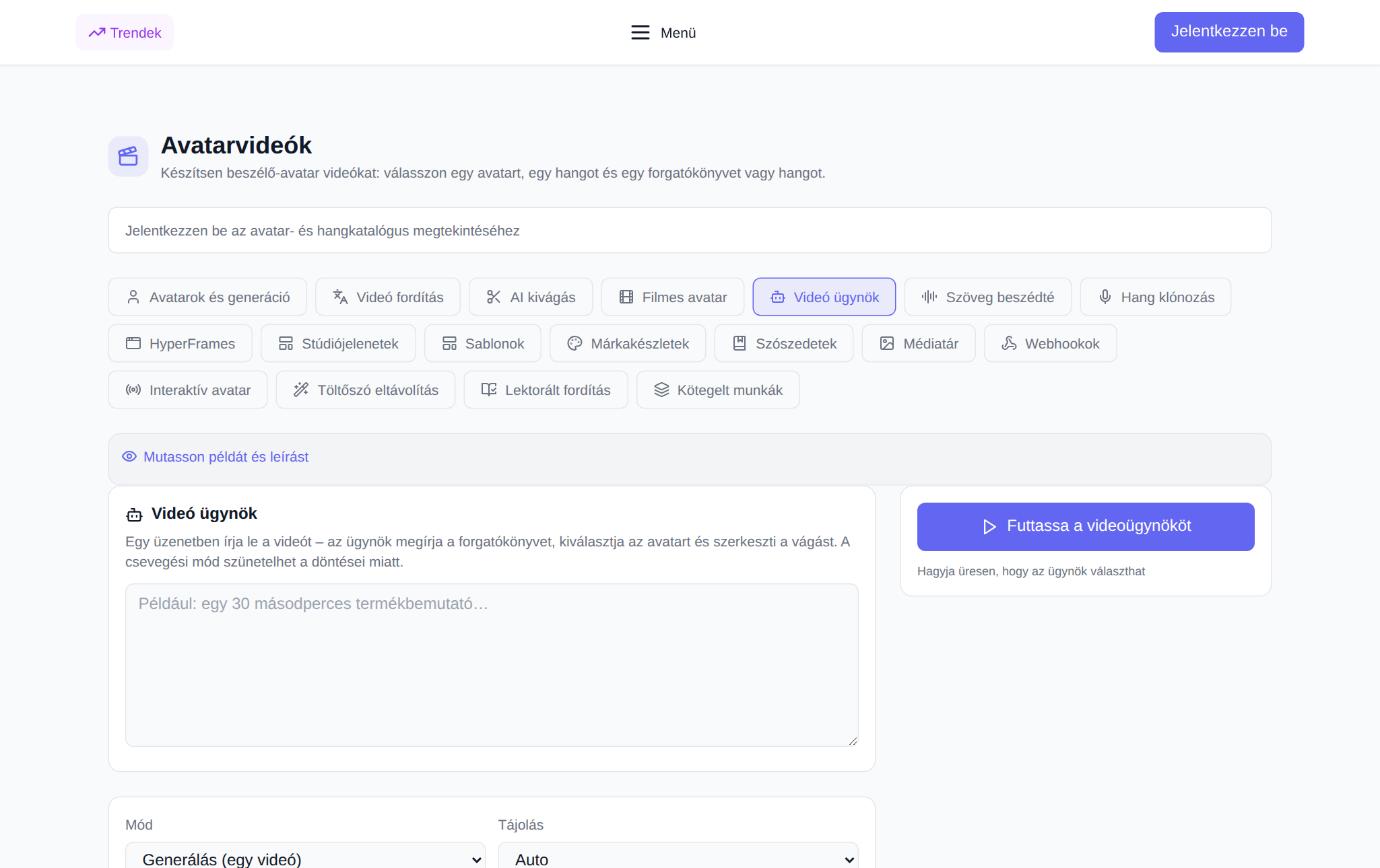 „Video Avatarok” szakasz NeuralSpace, „Video Agent” lap: videóleíró mező, mód, tájolás, stílus, avatar és hang, start gomb és munkamenet-előzmények