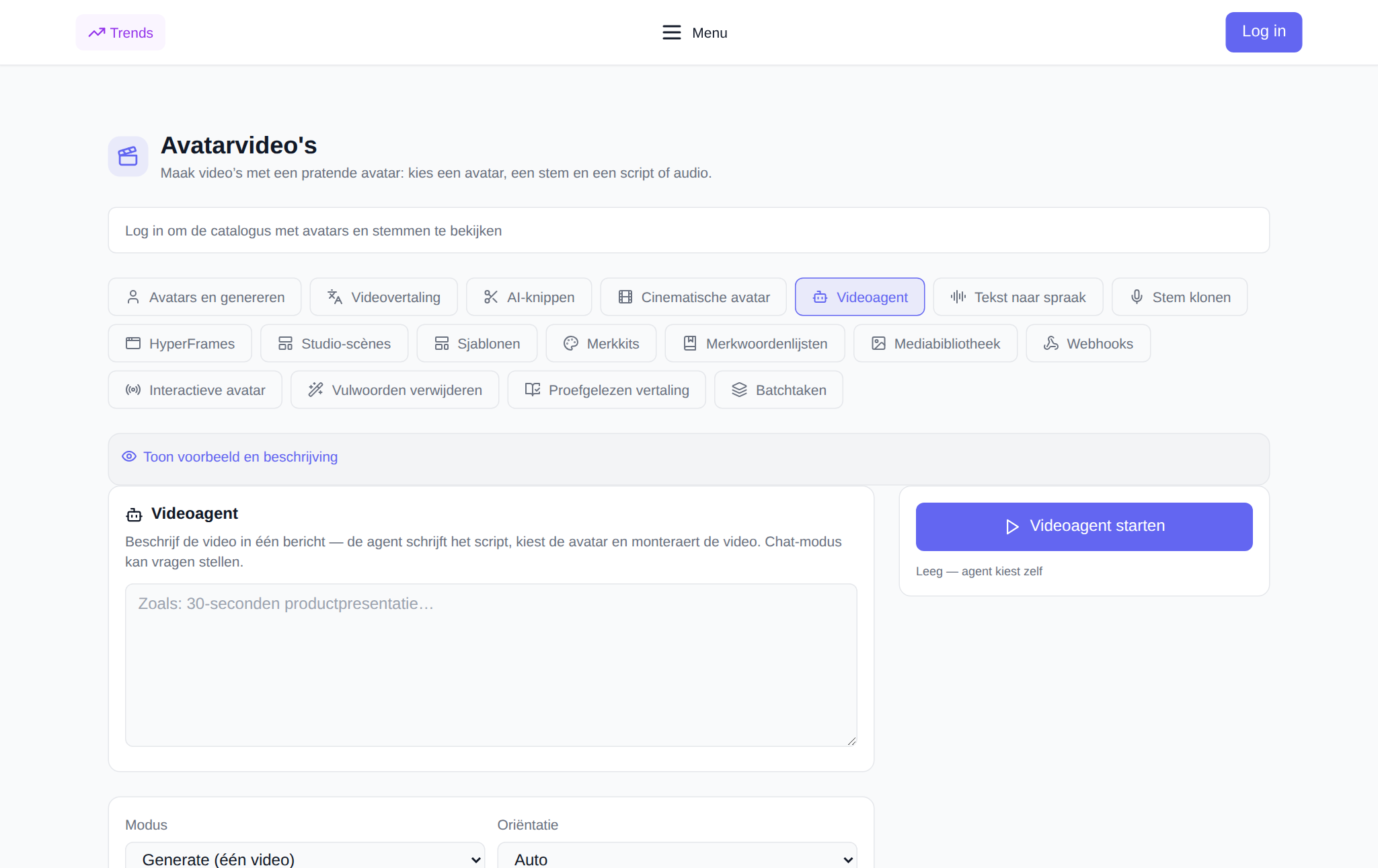 Sectie 'Video-avatars' NeuralSpace, tabblad 'Video-agent': veld voor videobeschrijving, selectie van modus, oriëntatie, stijl, avatar en stem, startknop en sessiegeschiedenis