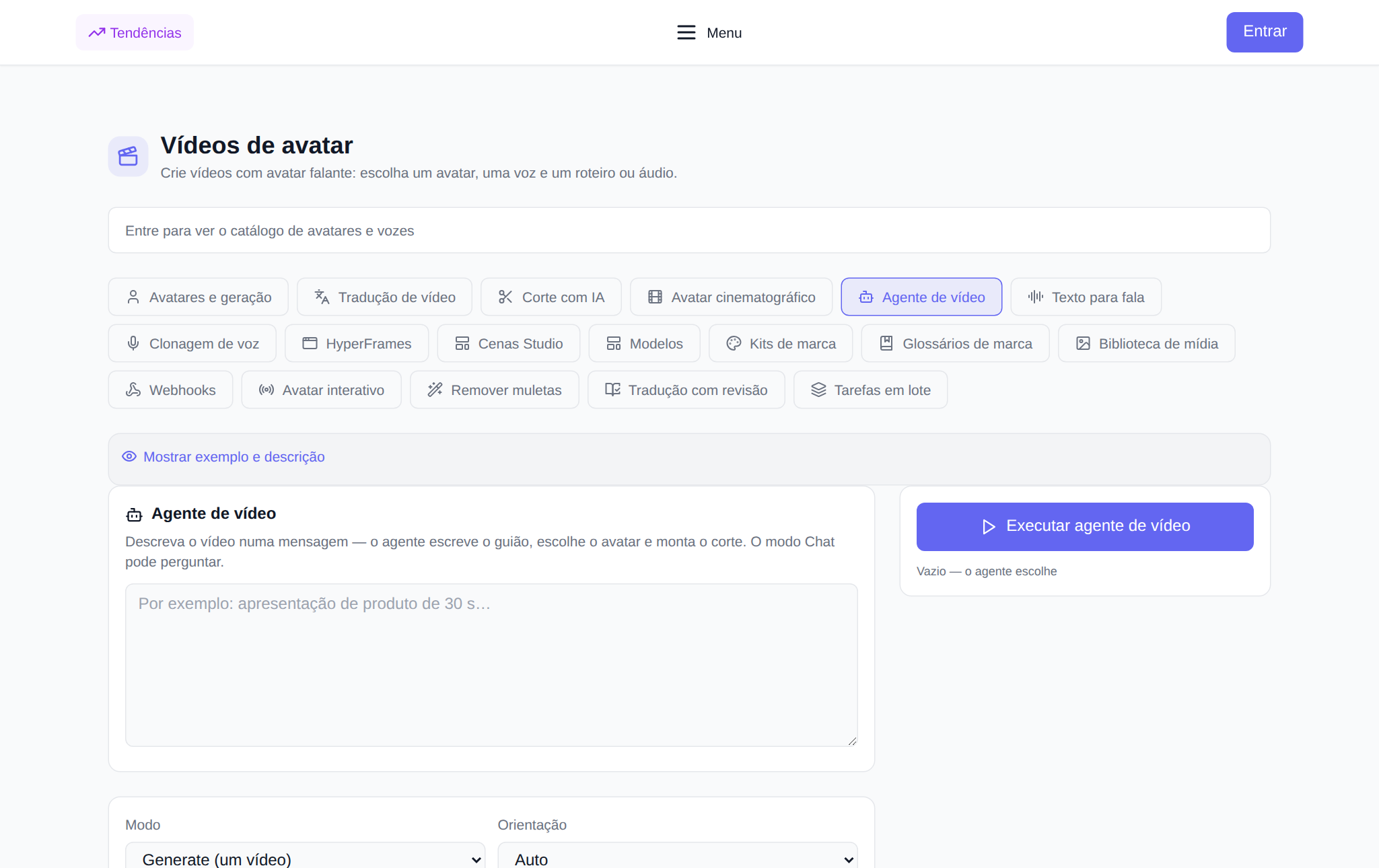 Seção “Avatares de vídeo” NeuralSpace, guia “Agente de vídeo”: campo de descrição do vídeo, seleção de modo, orientação, estilo, avatar e voz, botão iniciar e histórico da sessão