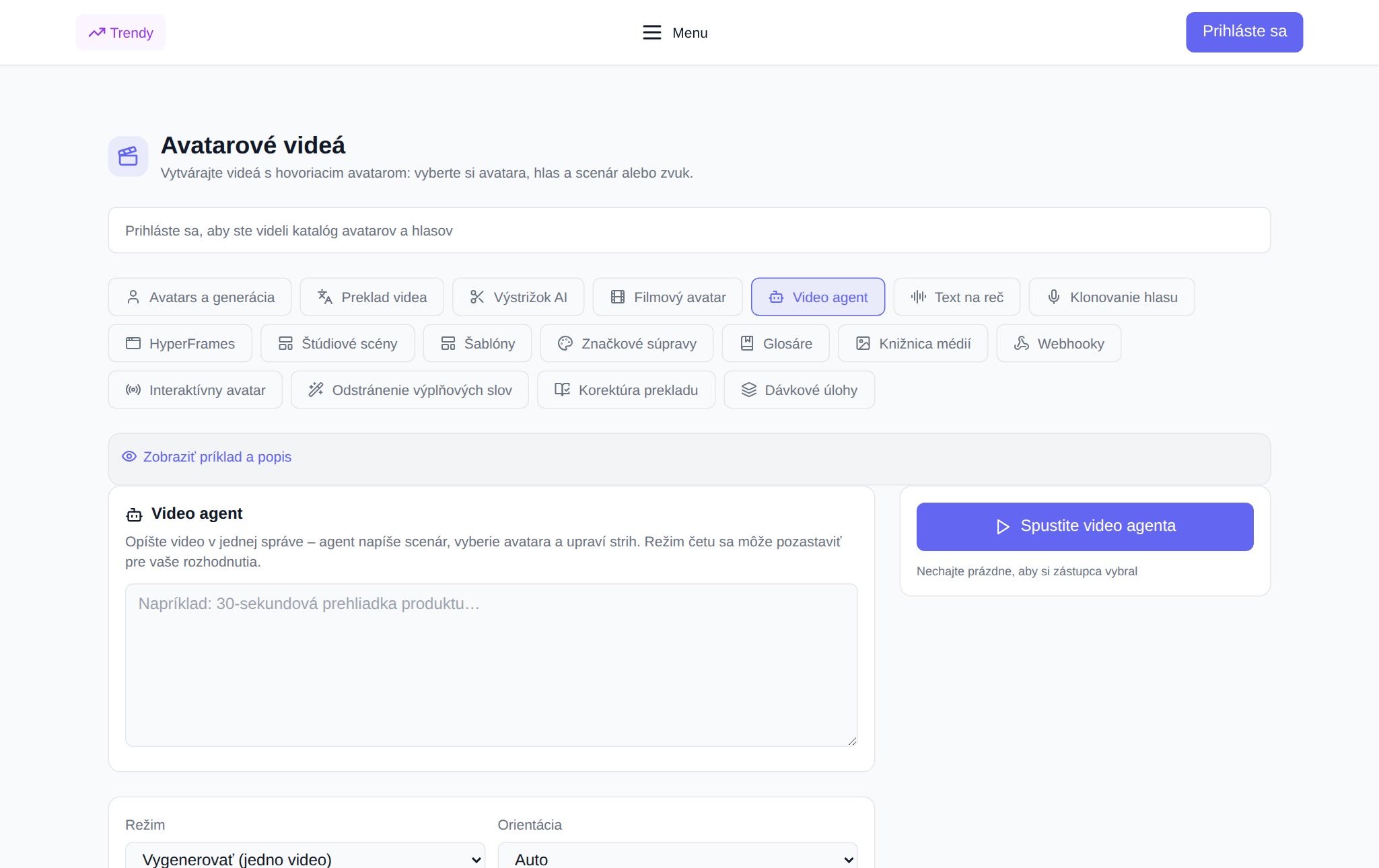 Sekcia „Video Avatars“ NeuralSpace, karta „Video Agent“: pole s popisom videa, výber režimu, orientácie, štýlu, avatara a hlasu, tlačidlo spustenia a história relácie