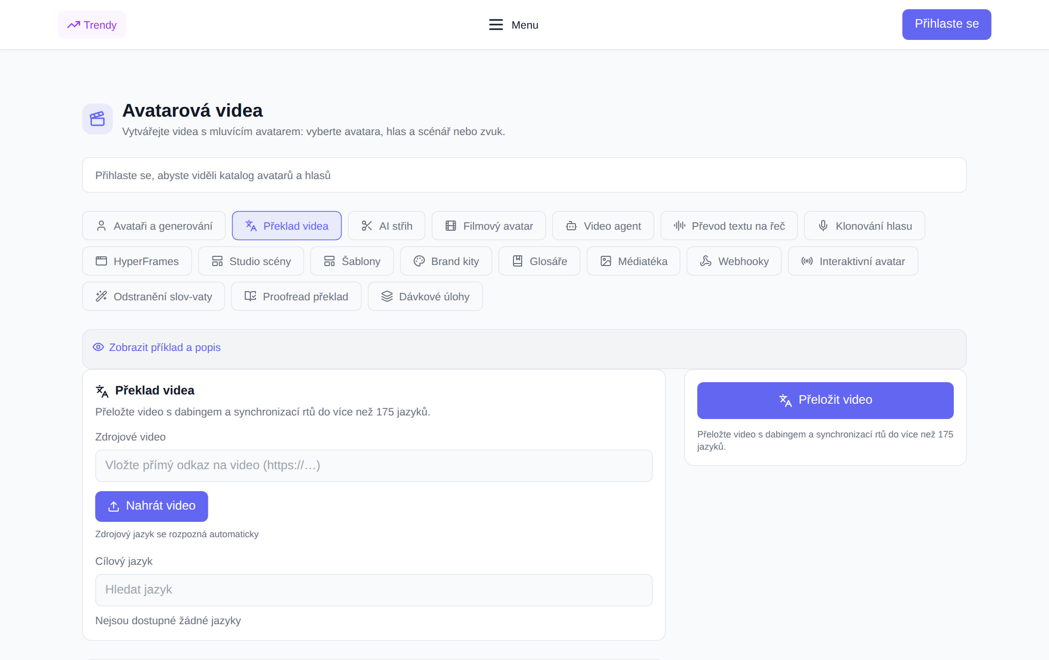 Sekce „Video Avatars“ NeuralSpace, karta „Video Translation“: nahrání videa, výběr jazyka a nastavení dabingu