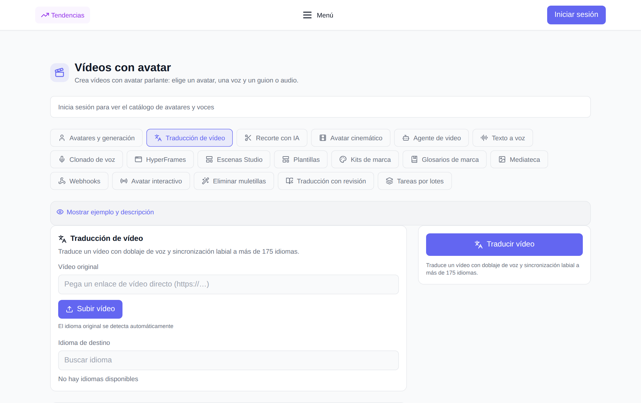Sección “Avatares de vídeo” NeuralSpace, pestaña “Traducción de vídeo”: subir un vídeo, seleccionar un idioma y configurar el doblaje