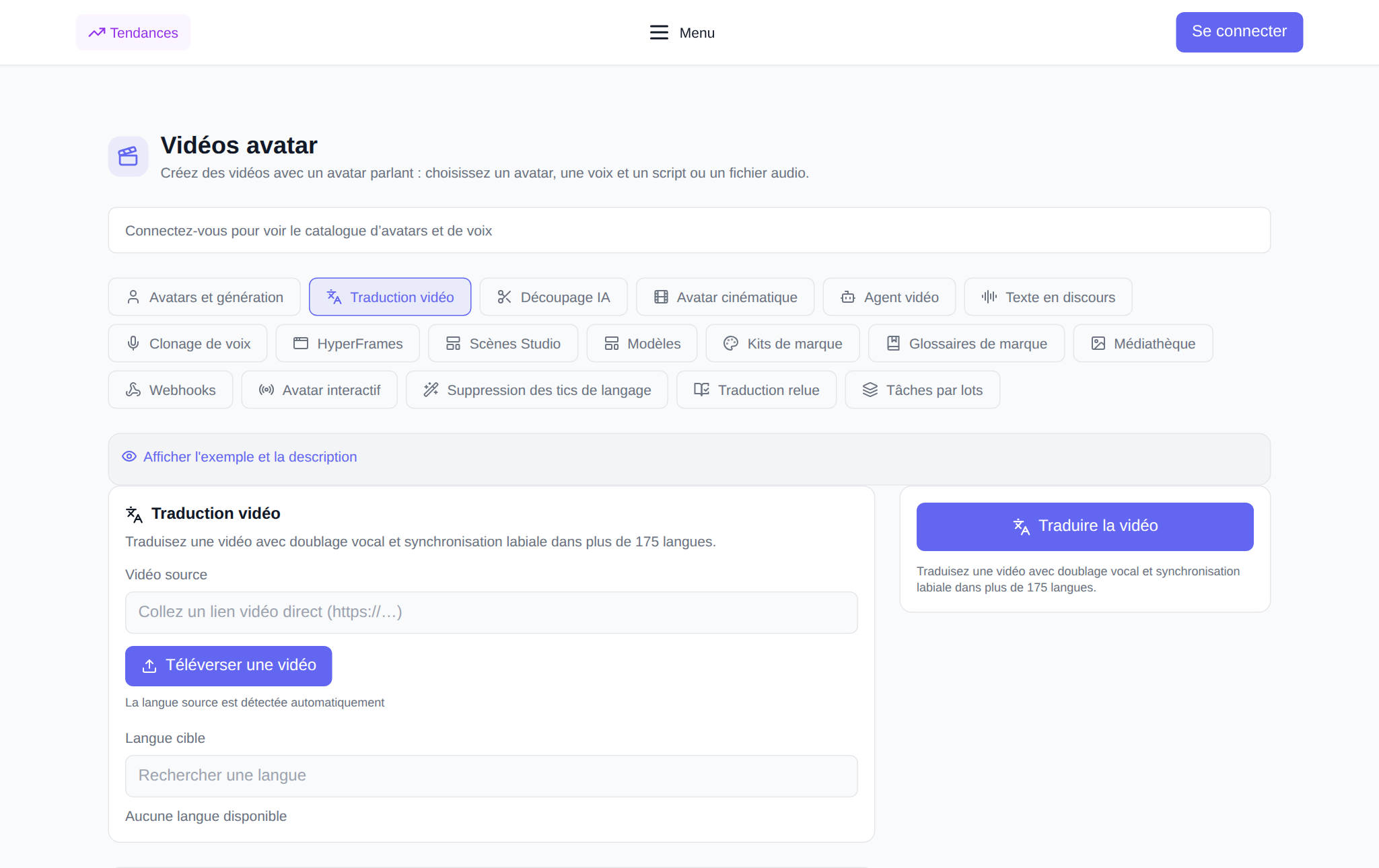 Section « Avatars vidéo » NeuralSpace, onglet « Traduction vidéo » : mise en ligne d'une vidéo, sélection d'une langue et paramètres de doublage