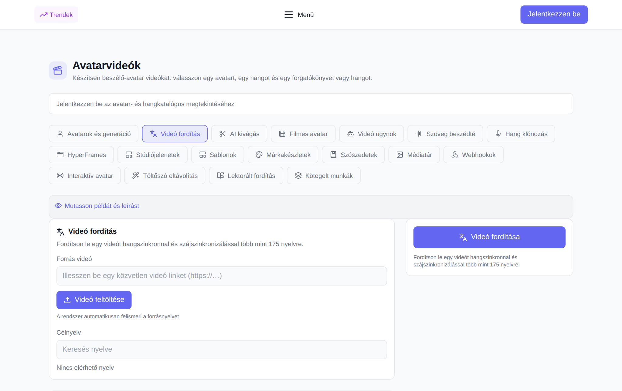 „Videóavatarok” NeuralSpace szakasz, „Videófordítás” lap: videó feltöltése, nyelv kiválasztása és szinkronbeállítások