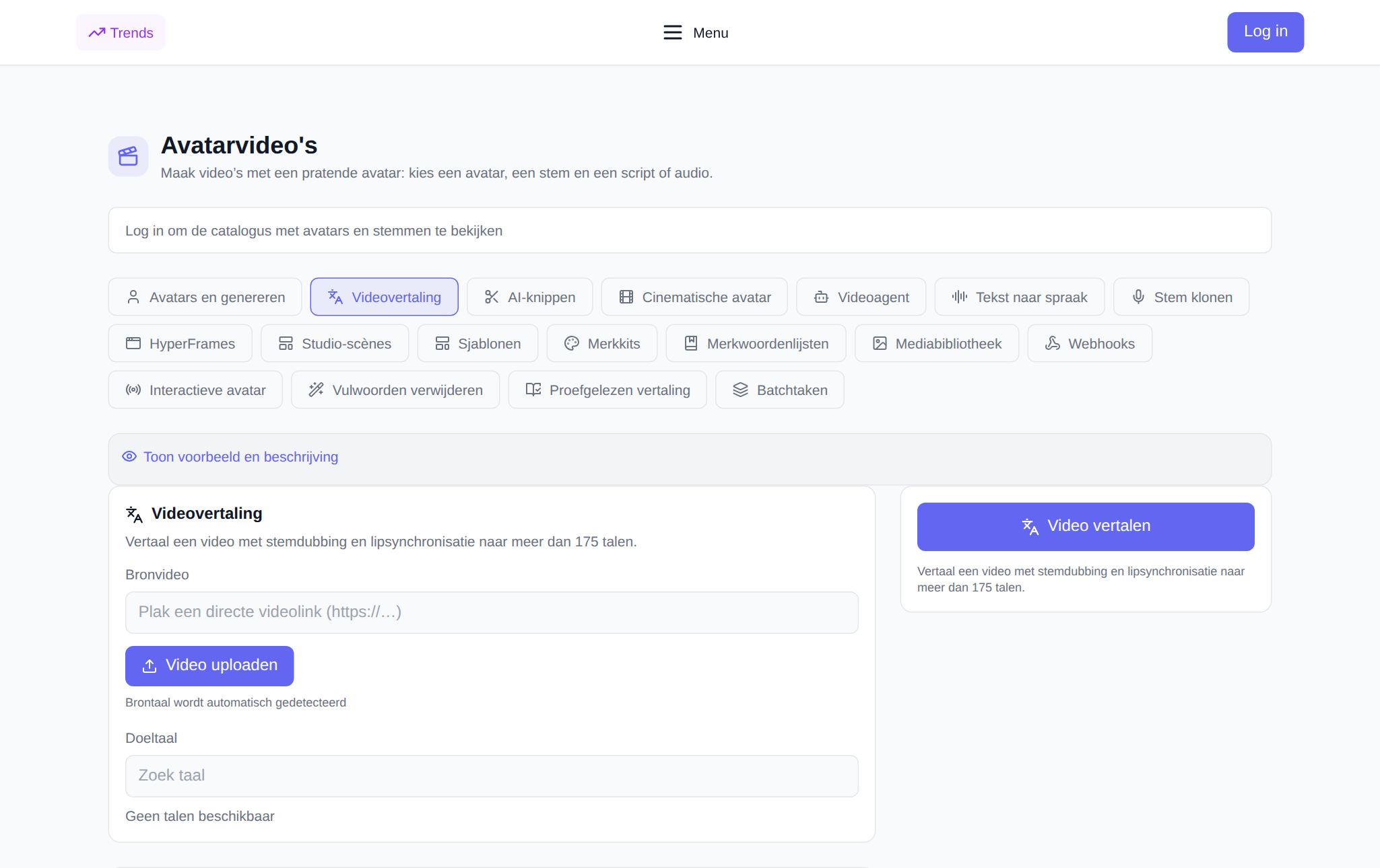 Sectie “Video-avatars” NeuralSpace, tabblad “Videovertaling”: een video uploaden, een taal selecteren en nasynchronisatie-instellingen