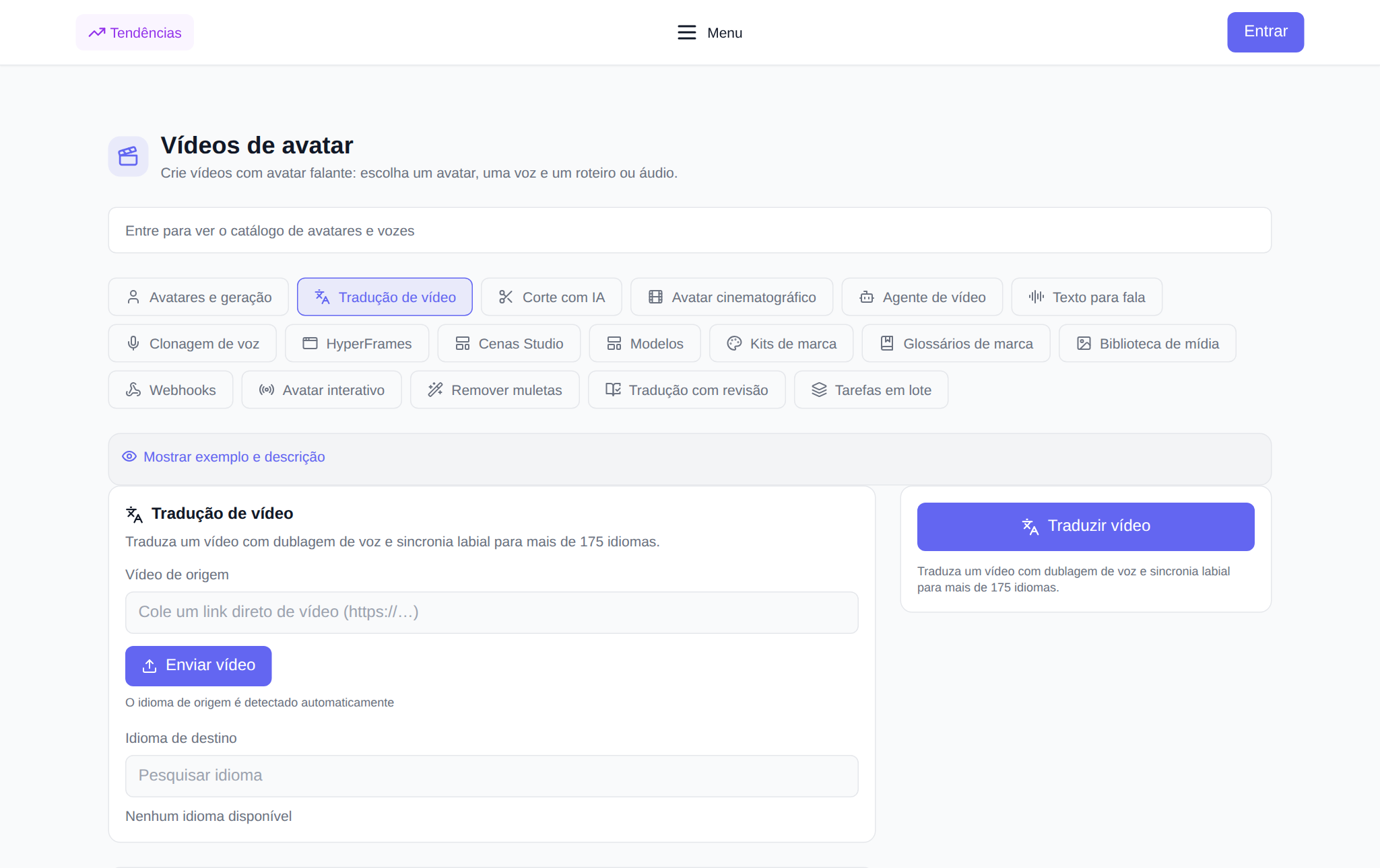 Seção “Avatares de vídeo” NeuralSpace, guia “Tradução de vídeo”: upload de um vídeo, seleção de idioma e configurações de dublagem