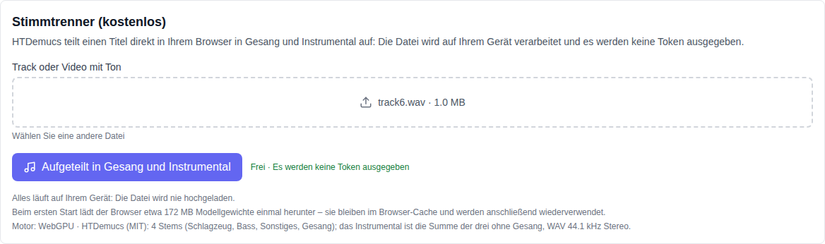 Musikbereich: Vocal-Split-Tool (kostenlos), unten in der Modellliste ausgewählt, Titelauswahlfeld und Split-Schaltfläche