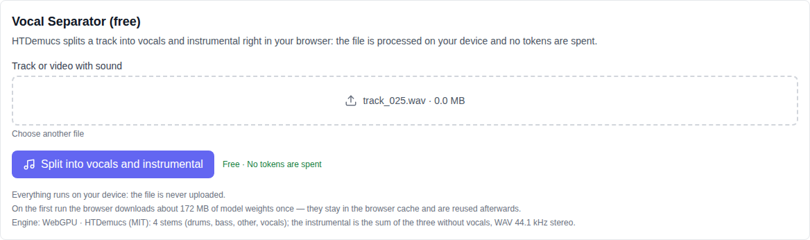 Music section: the Vocal Separator (free) tool selected at the bottom of the model list, with a track picker and a split button