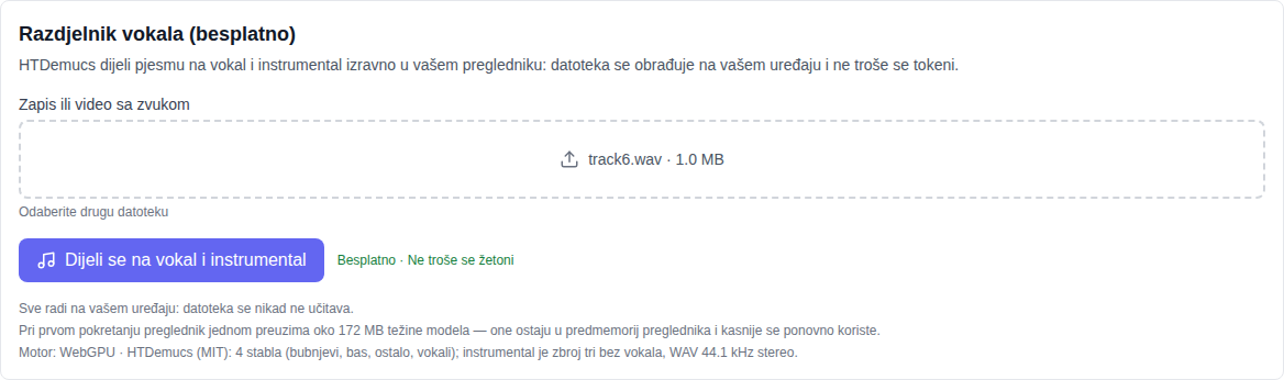 Glazbeni odjeljak: alat Vocal Split (besplatno) odabran na dnu popisa modela, polje za odabir zapisa i gumb za dijeljenje