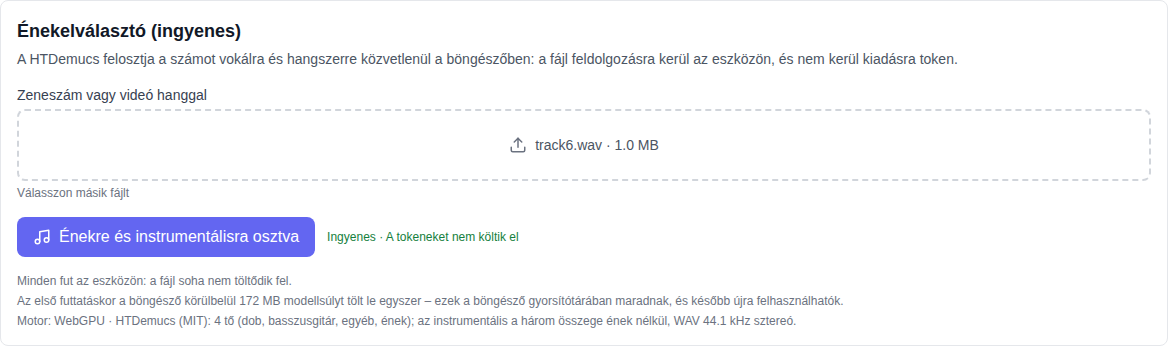 Zene rész: Vocal Split (ingyenes) eszköz a modelllista alján kiválasztva, a számválasztó mező és az elválasztó gomb