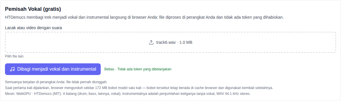 Bagian Musik: Alat Pemisahan Vokal (Gratis) yang dipilih di bagian bawah daftar model, bidang pemilihan trek, dan tombol diskon