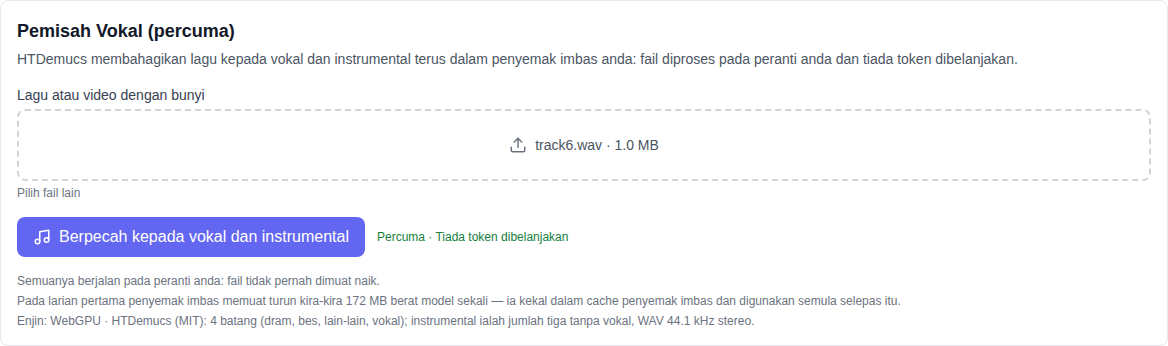 Bahagian muzik: Alat Vocal Split (Percuma) dipilih di bahagian bawah senarai model, medan pemilihan trek dan butang split