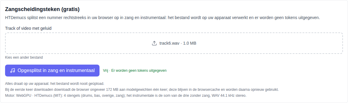 Muzieksectie: Vocal Split (gratis) tool geselecteerde de modellenlijst, trackselectieveld en splitsknop