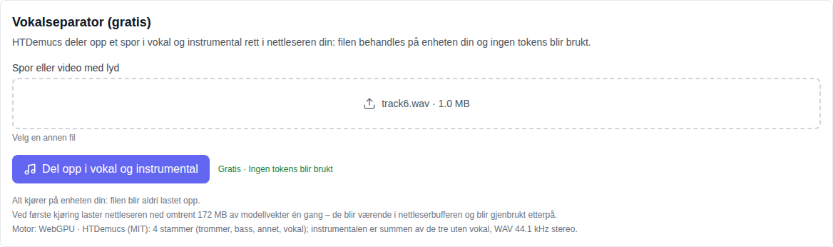 Musikkseksjon: Vocal Split (gratis) verktøy valgt nederst på modelllisten, sporvalgfelt og splittknapp
