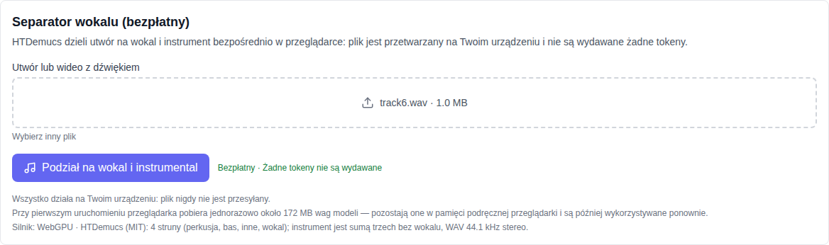 Sekcja muzyki: narzędzie Vocal Split (bezpłatne) wybrane na liście modeli, pole wyboru źródła i przycisku podstawowego