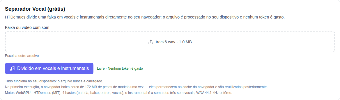 Seção de música: ferramenta Vocal Split (gratuita) selecionada na parte inferior da lista de modelos, campo de seleção de faixa e botão de divisão